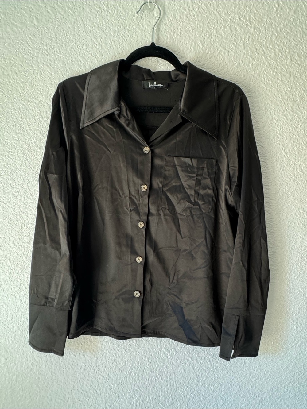 Lulu's Black Satin-Look Button Down Shirt
